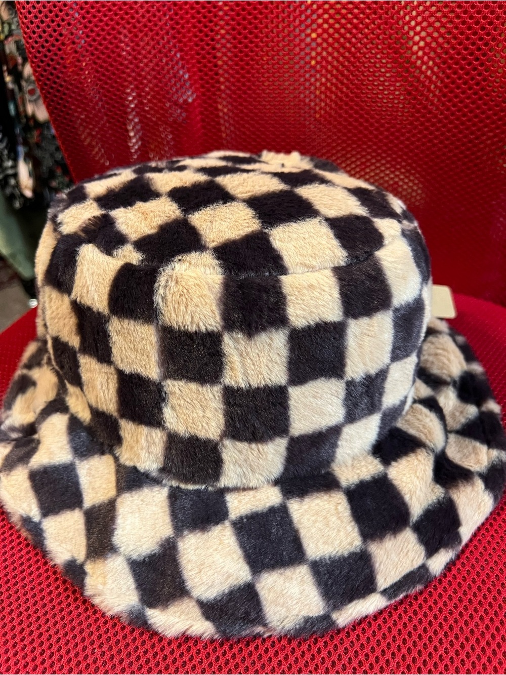 Checkered Plush Bucket Hat - Brown & Cream